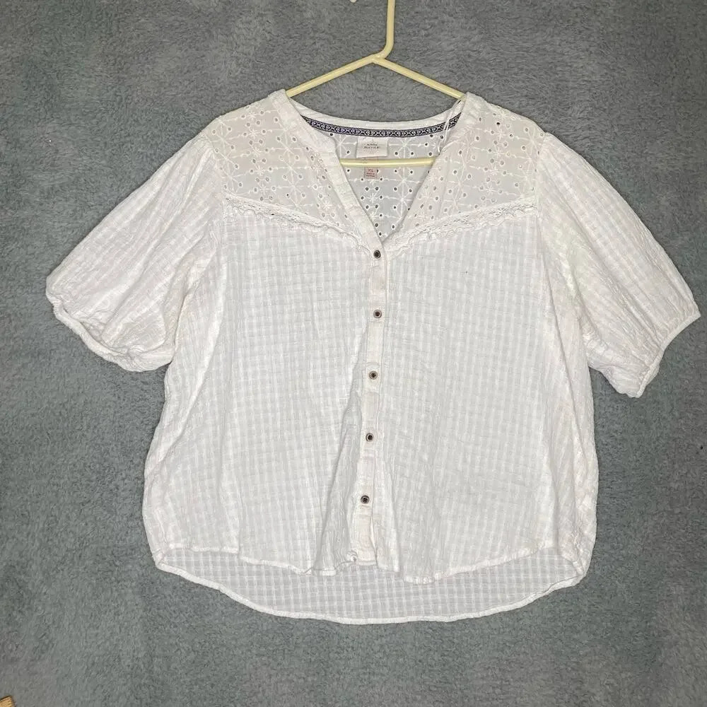Knox Rose womens white gauze button up eyelet cottage prarie peasant feminine XL